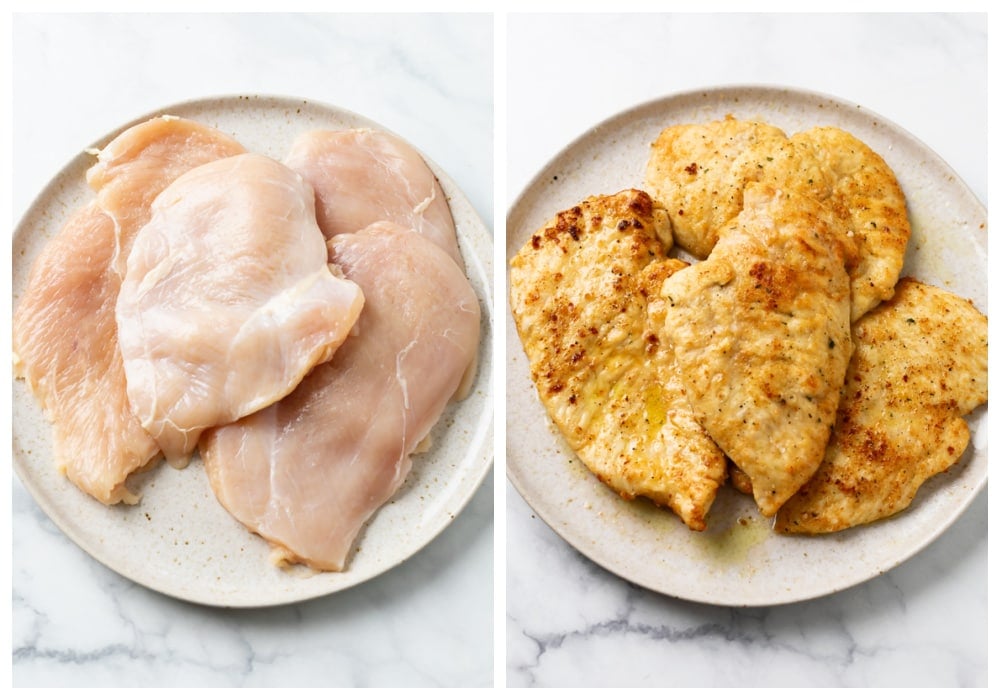 Chicken Breasts before and after being breaded and fried.