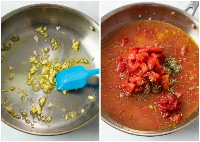 Cooking garlic in a skillet next to a skillet with ingredients to make creamy tomato pasta.