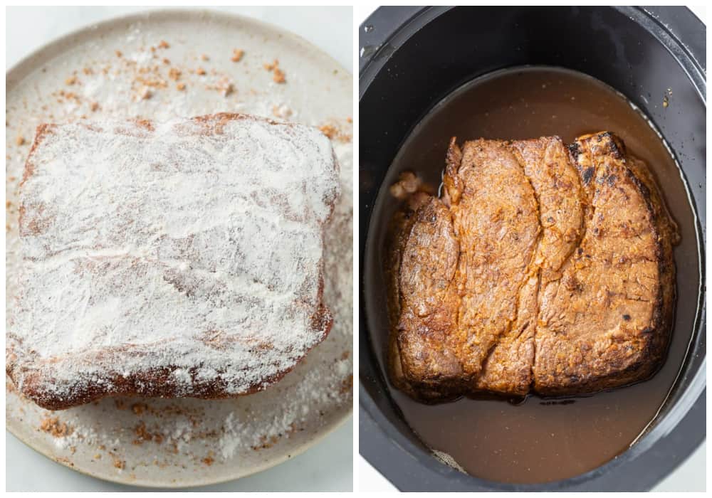 A pot roast coated with flour next to a seared roast in the crock pot.