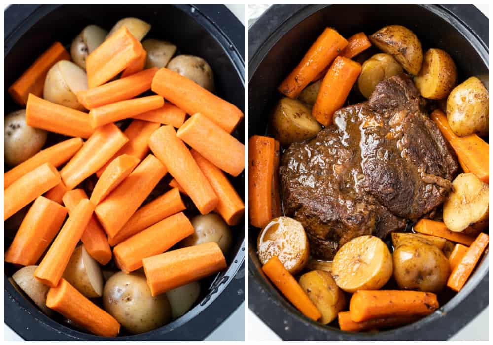 Crock Pot Roast in a slow cooker before and after cooking.