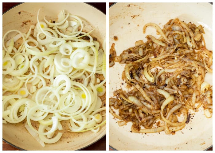 Onions in a skillet before and after being softened and reduced.