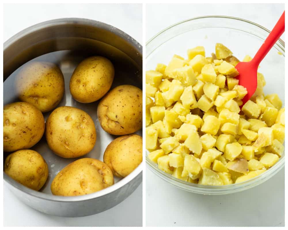 A pot of yukon potatoes in water next to a bowl of diced cooked potatoes.