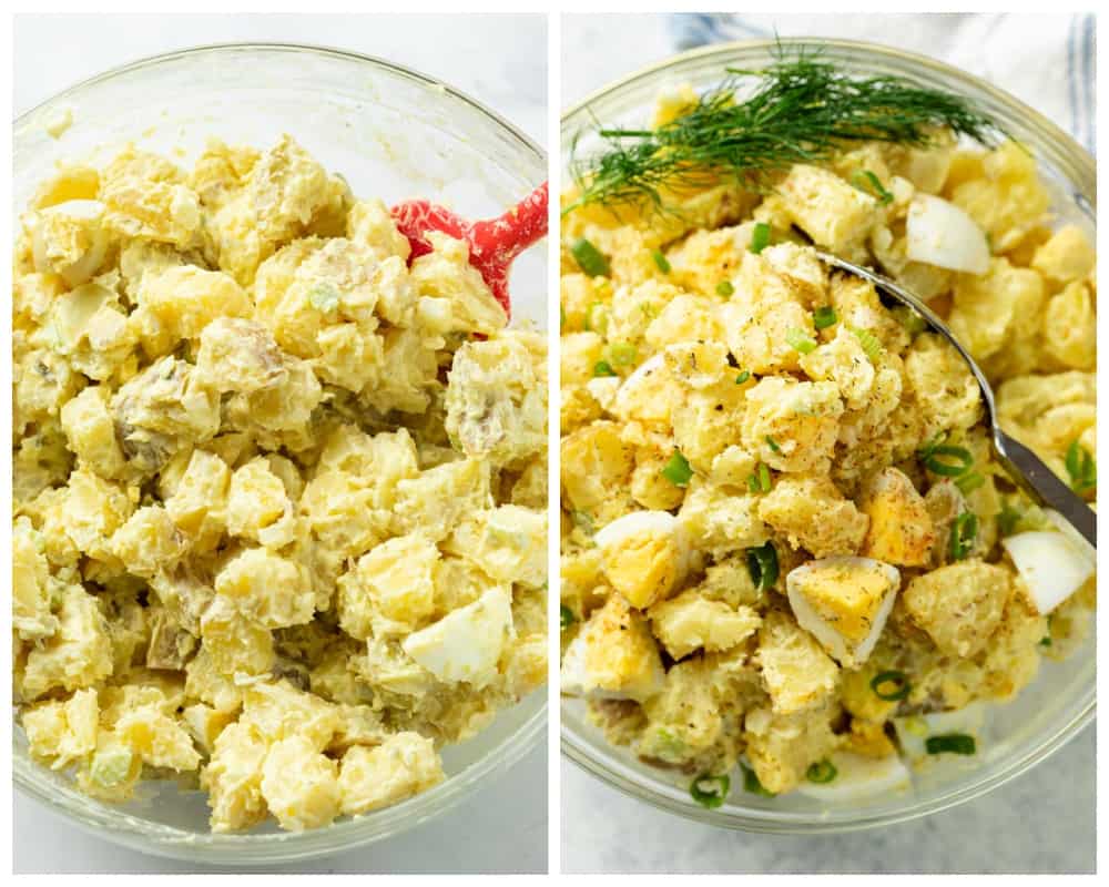 Potato Salad before and after being garnished for serving.
