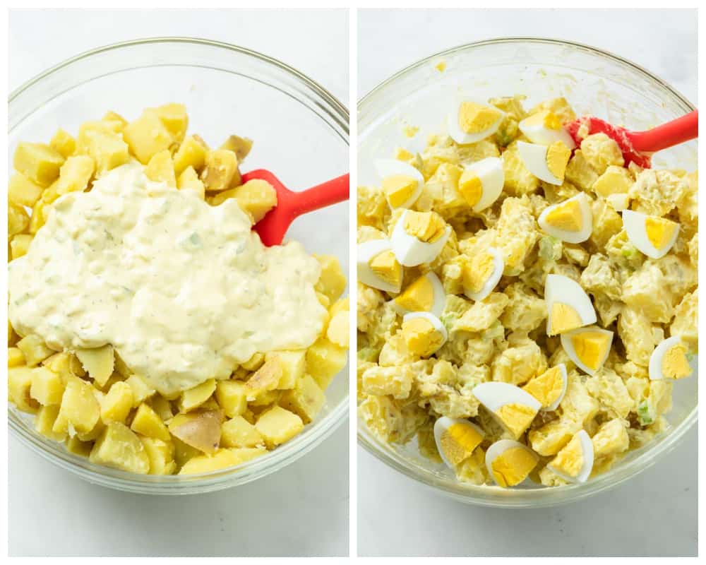 Potato Salad before and after being mixed with mayo mixture.