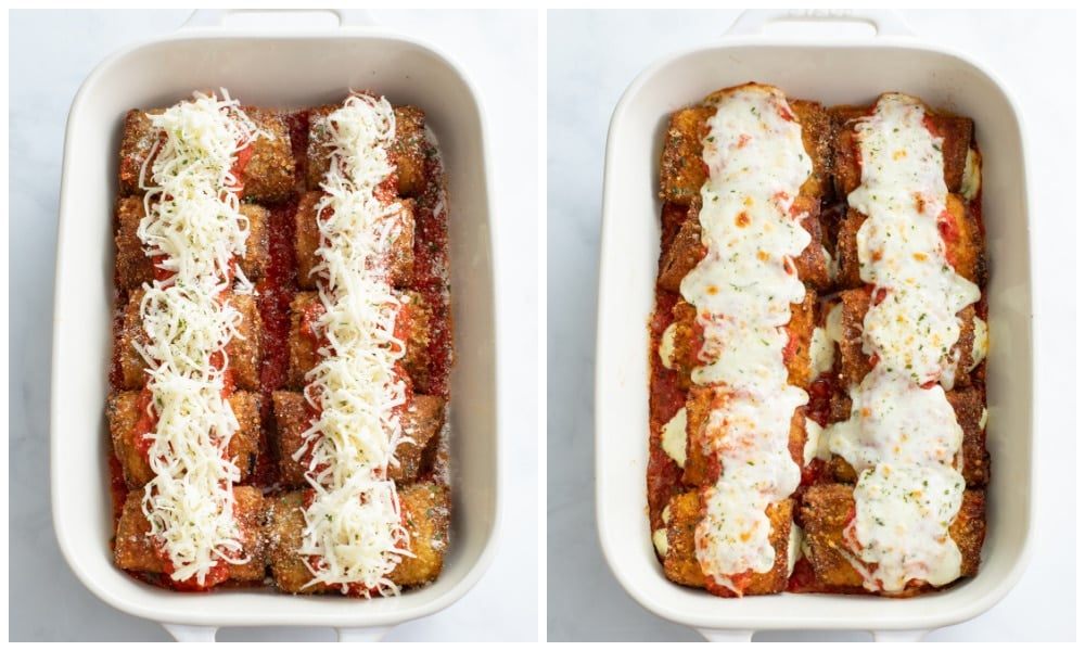 Eggplant Rollatini in a casserole dish before and after being baked.