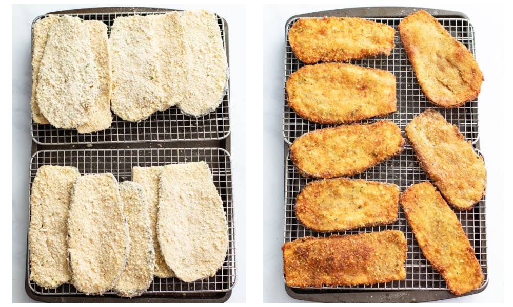 Breaded eggplant before and after being fried.