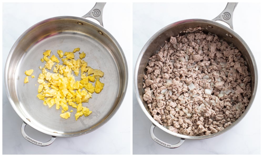 A skillet with scrambled eggs next to a skillet with cooked ground pork and onions.