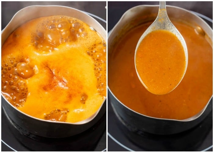 Showing how to make red enchilada sauce by boiling the liquid in a saucepan and then simmering.