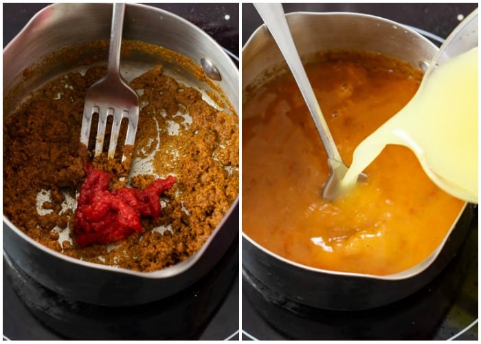 Showing how to make red enchilada sauce in a pan with oil, seasonings, tomato paste, and chicken broth.