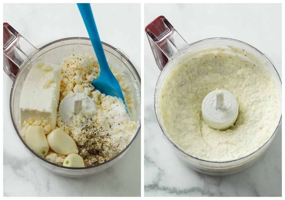 Ingredients for Feta Dip in a food processor before and after blending.