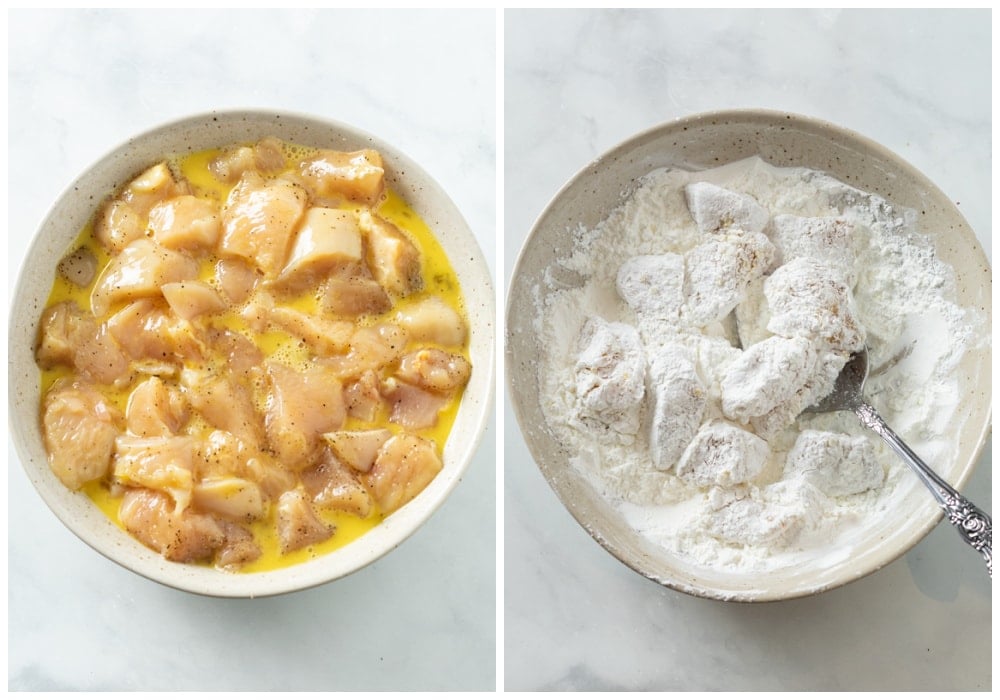 Pieces of chicken in a bowl with whisked eggs and in a bowl with cornstarch.