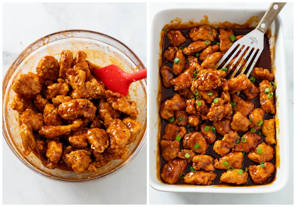 A bowl of Chicken tossed in Firecracker sauce next to a baking dish with Firecracker Chicken.
