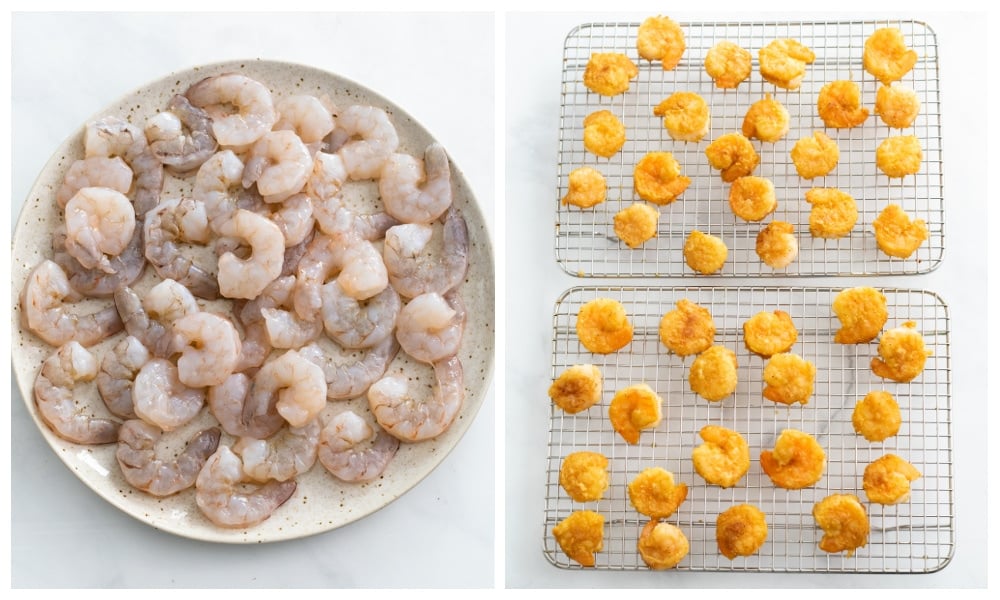 A plate of uncooked shrimp next to a fried shrimp on a cooling rack.