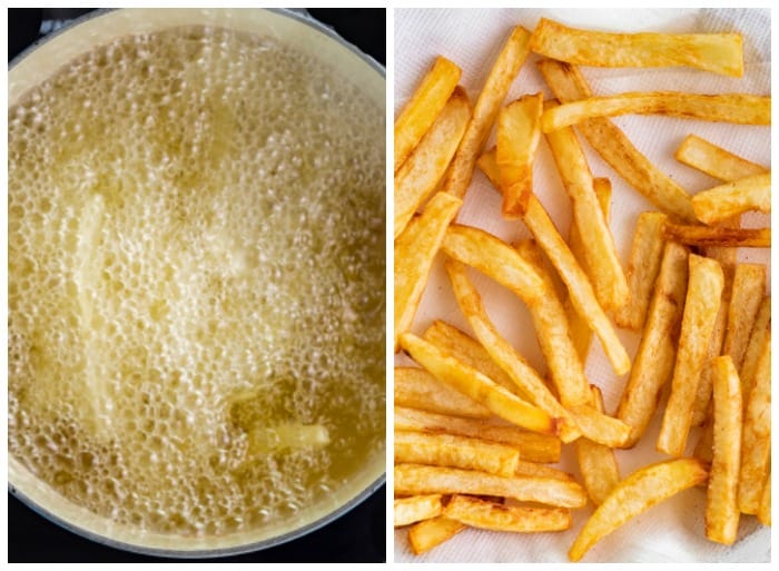 Boiling french fries in vegetable oil and laying them down on a paper towel when golden brown.