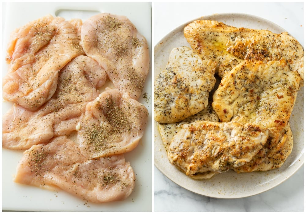 Chicken breasts before and after searing.