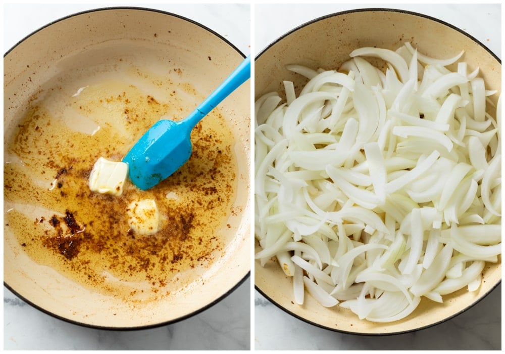 Adding butter and sliced onions to a skillet to make the sauce for French Onion Chicken.