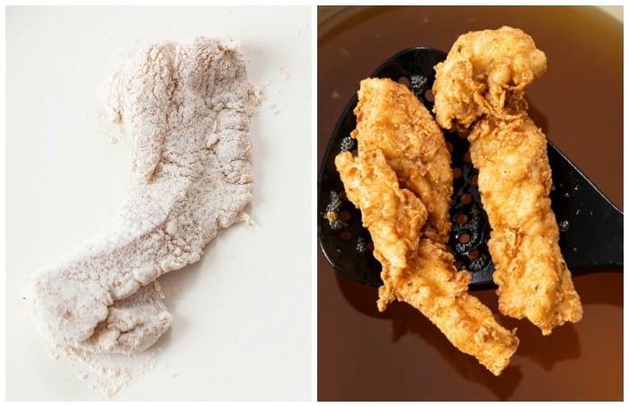 Breaded chicken tenders before and after deep frying.