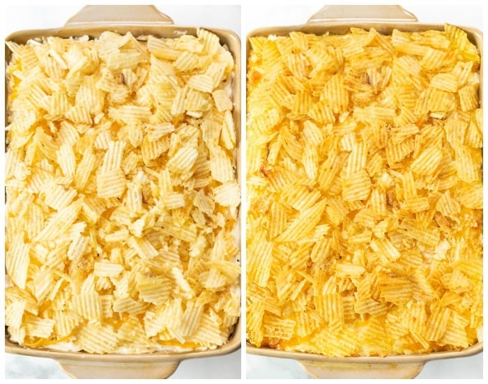 A casserole dish with funeral potatoes topped with potato chips before and after baking.