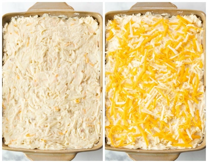 Casserole dish with filling for funeral potatoes before baking it.