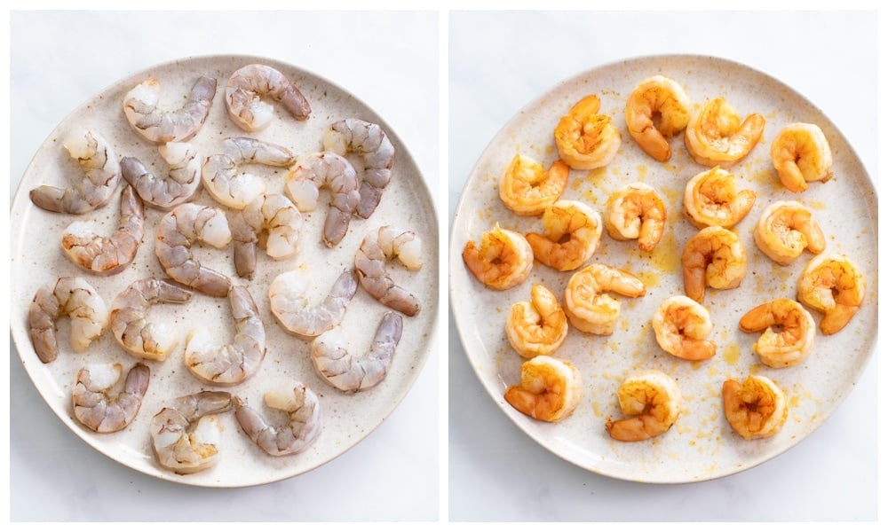 Shrimp on a plate before and after being sauteed.