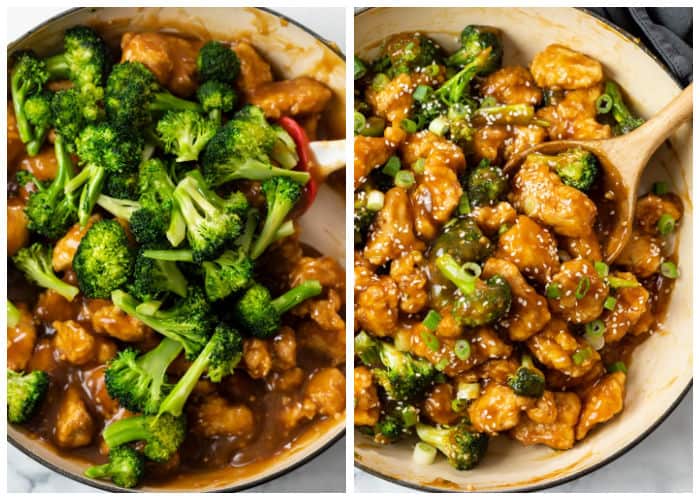 Mixing Chicken and Broccoli into Sauce for General Tso Chicken