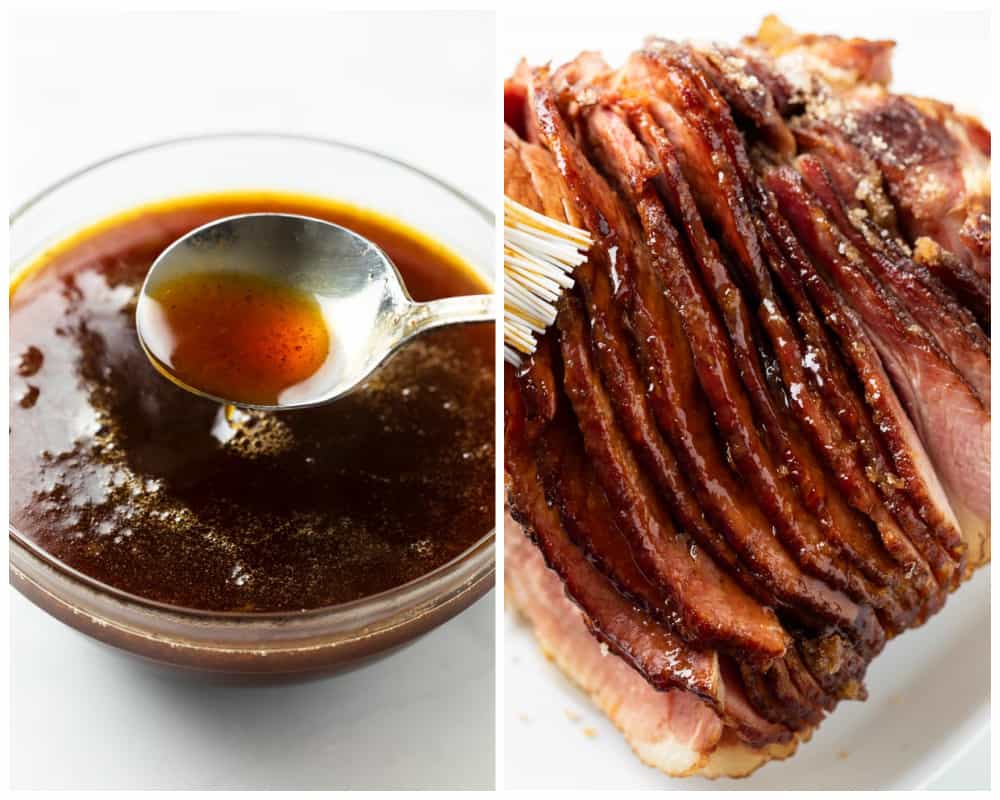 Ham with glaze being brushed on it next to a bowl of glaze.