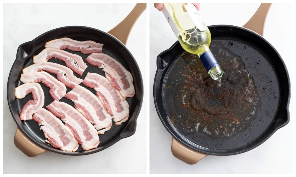 A skillet with uncooked bacon next to a skillet being deglazed with white wine.