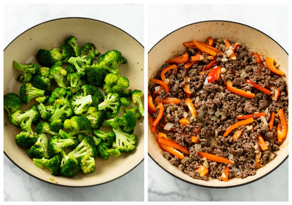 Skillets with broccoli and ground beef with bell peppers.