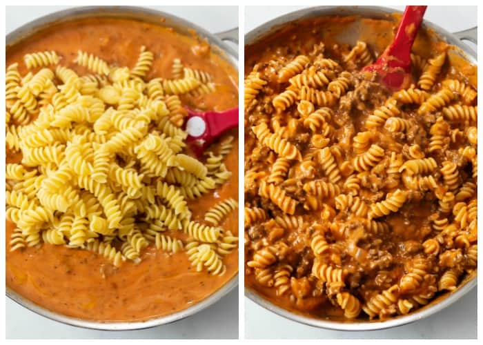 Adding rotini pasta to creamy sauce and combining it for Ground Beef Pasta.