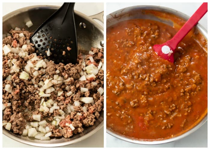 Ground beef in a skillet with tomato sauce being added to make Ground Beef Pasta.