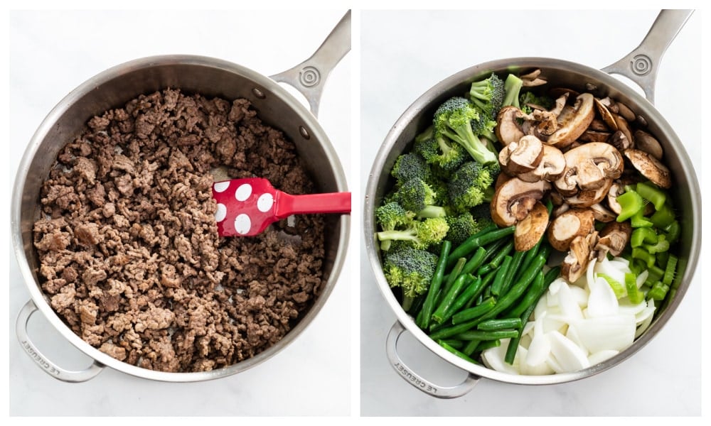 Cooked ground beef in a skillet next to a skillet with vegetables for stir fry.