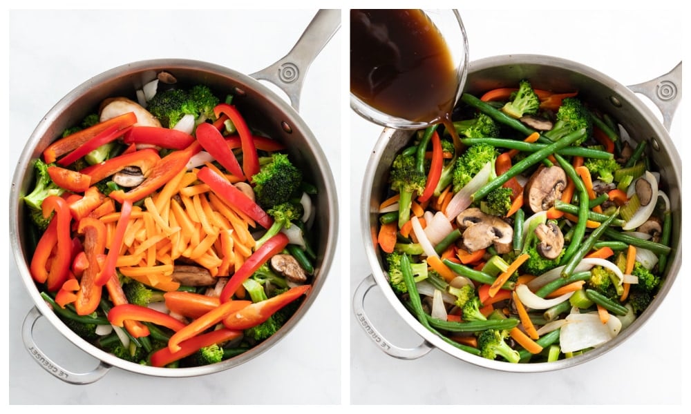 Mixed vegetables in a skillet with brown sauce being added to make stir fry.