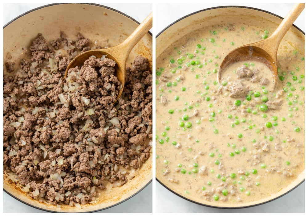 Showing how to make Ground Beef Strognoff in a pot with ground beef, onions, and peas in a creamy stroganoff sauce.