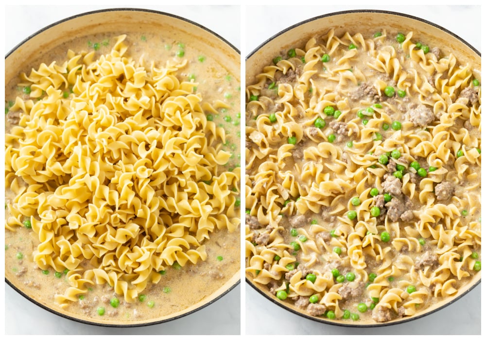 Adding egg noodles to creamy stroganoff sauce with ground beef and peas.
