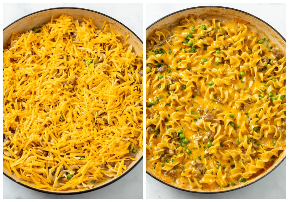 Ground beef stroganoff topped with cheese before and after baking.