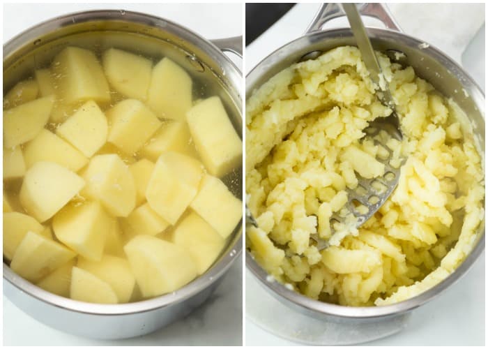 Potatoes in a pot before and after being mashed.