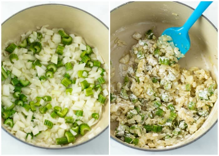 Diced onions and celery being cooked in a pot with butter and tossed with flour.