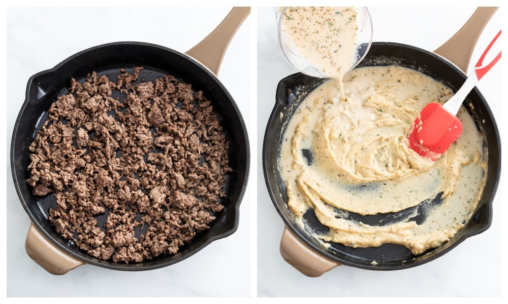 A skillet of ground beef next to a skillet with a sauce being made for Hamburger Helper.