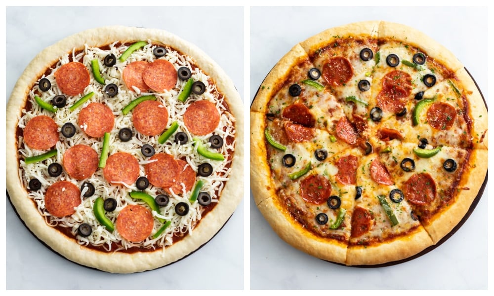 Homemade Pizza before and after baking.