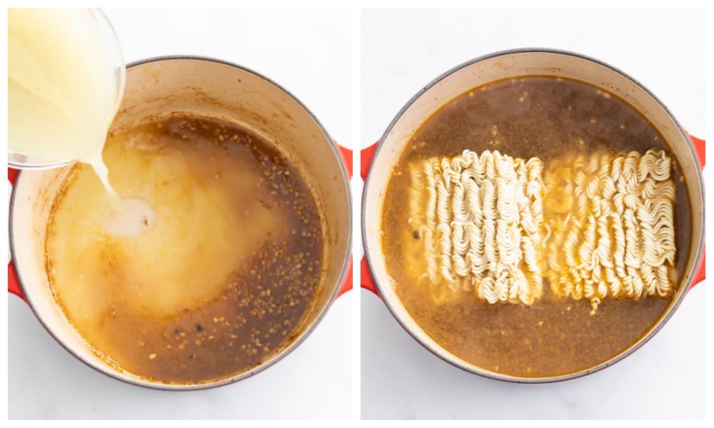 Adding broth and ramen noodles to a soup pot for homemade ramen.