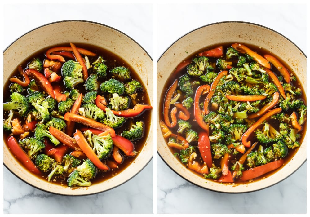 Broccoli and Peppers in a honey garlic sauce before and after being cooked.