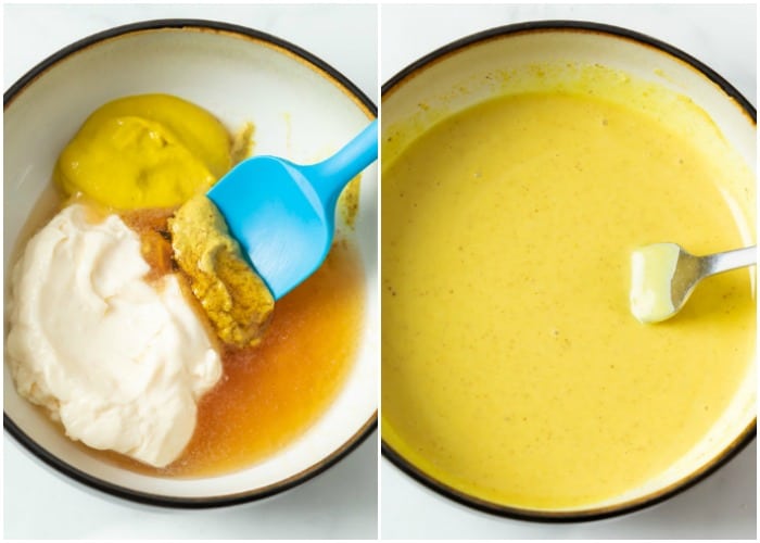 Honey mustard ingredients in a bowl before and after mixing it.