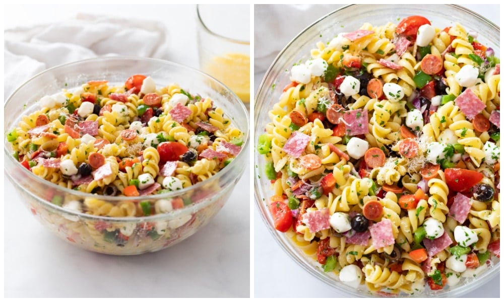 Italian Pasta Salad in a glass bowl after being mixed together.