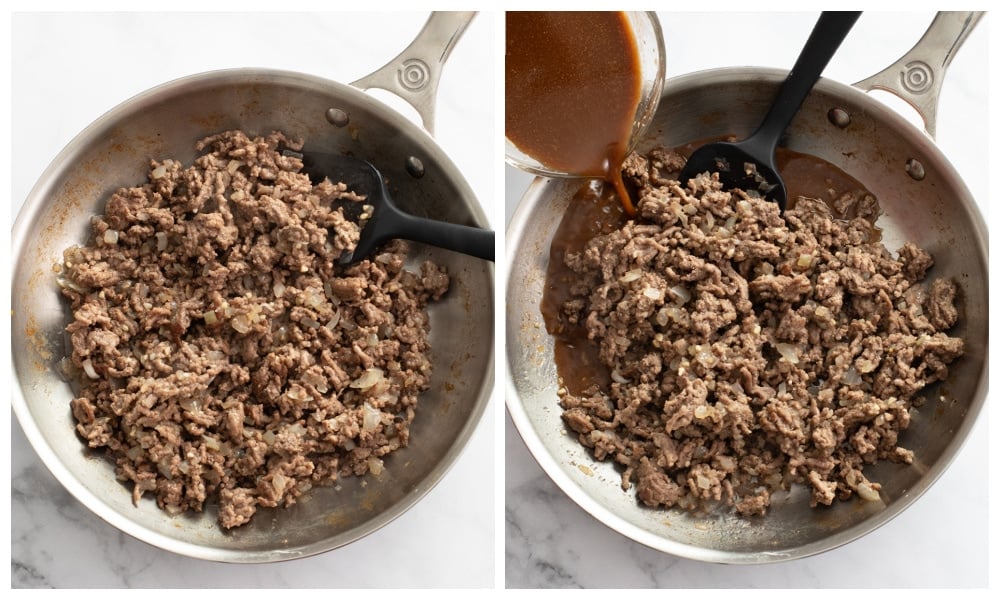 Cooking ground beef and onions in a skillet and adding sauce.