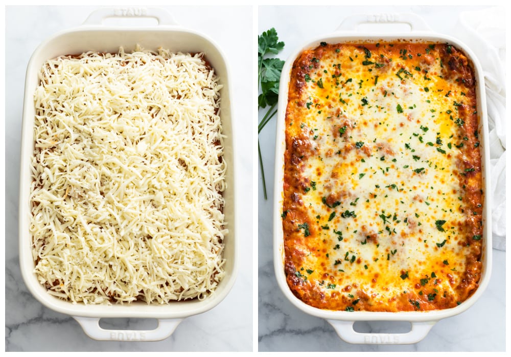 Lasagna in a casserole dish before and after baking.
