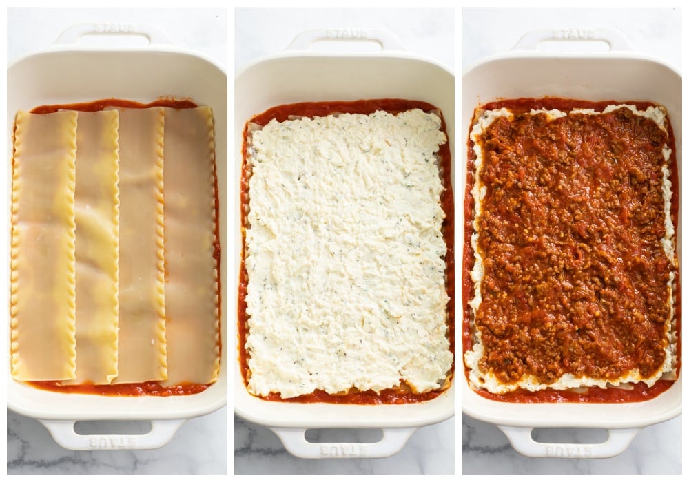 Adding layers of noodles, ricotta cheese, and meat sauce to make Lasagna.