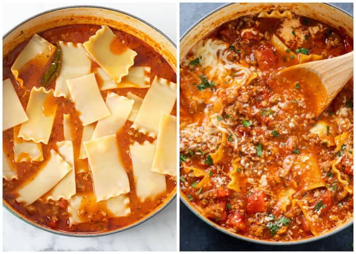 Adding lasagna noodles to a pot of meaty tomato soup to make lasagna soup.