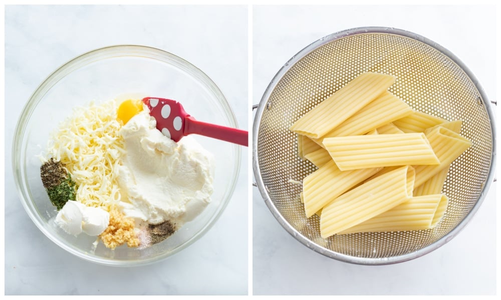 A bowl of manicotti filling next to a colander with cooked manicotti shells.