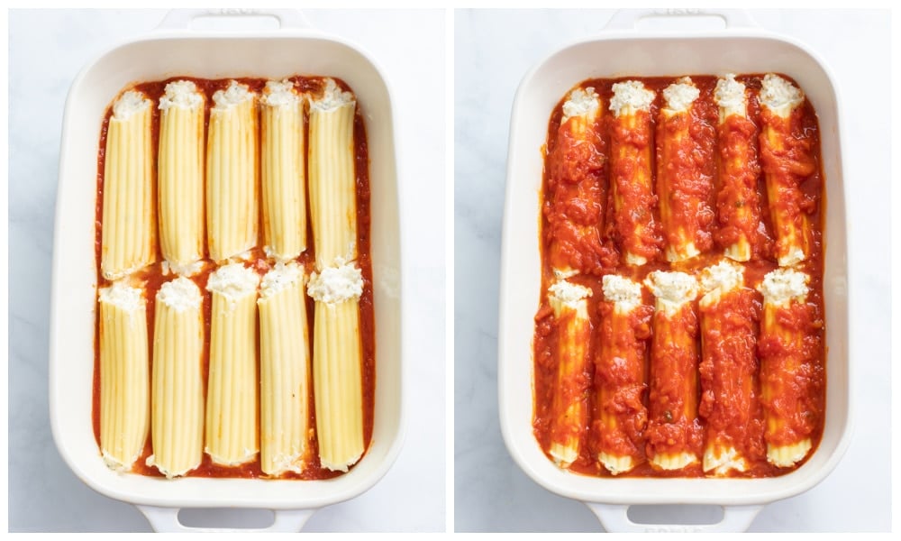 Manicotti in a baking dish with sauce being added.