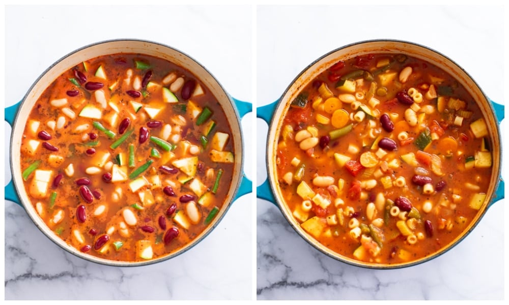 Minestrone Soup in a soup pot before and after simmering.